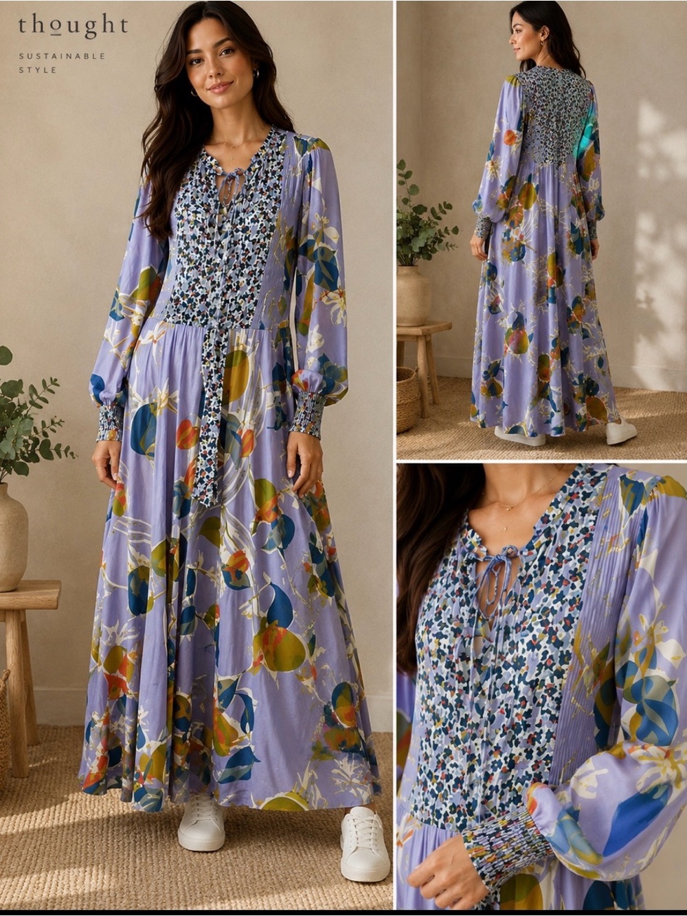 NWOT Thought Womens Blue Columbia Road Tencel Shirred Maxi Dress Sz 10 Spring